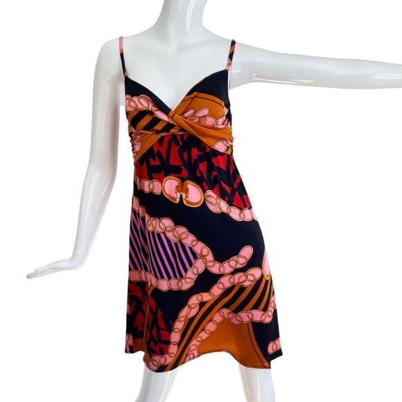 NWT Flora Kung Black Pink Jewel Print Silk Jersey Mini Cami Babydoll Dress - Picture 2 of 3